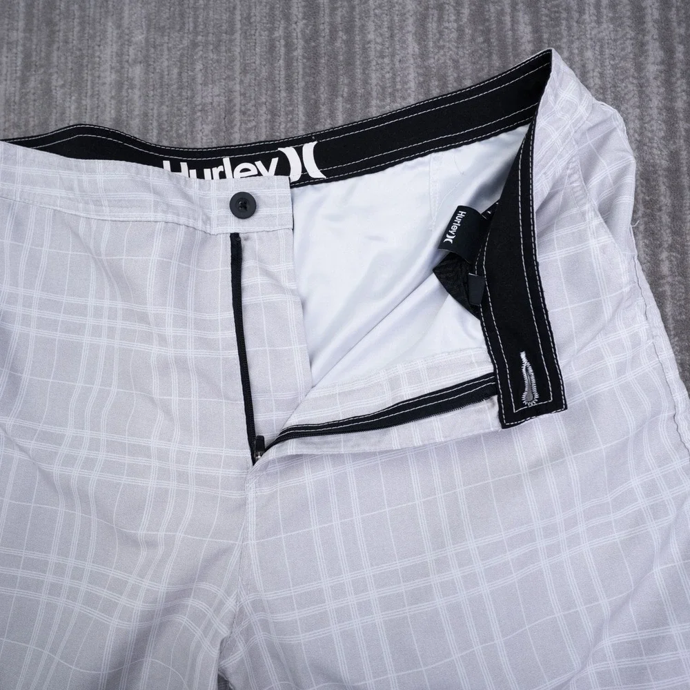 Hurley Mens Grey White Plaid Board Shorts Swim Trunks Size 34 Fit 35x9